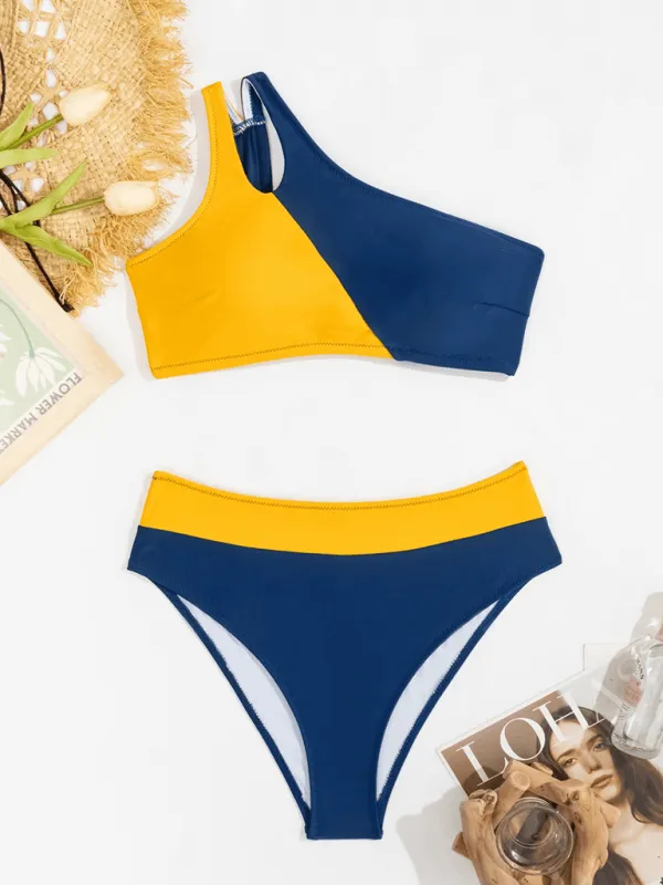 New color block one shoulder sexy split swimsuit beach bikini