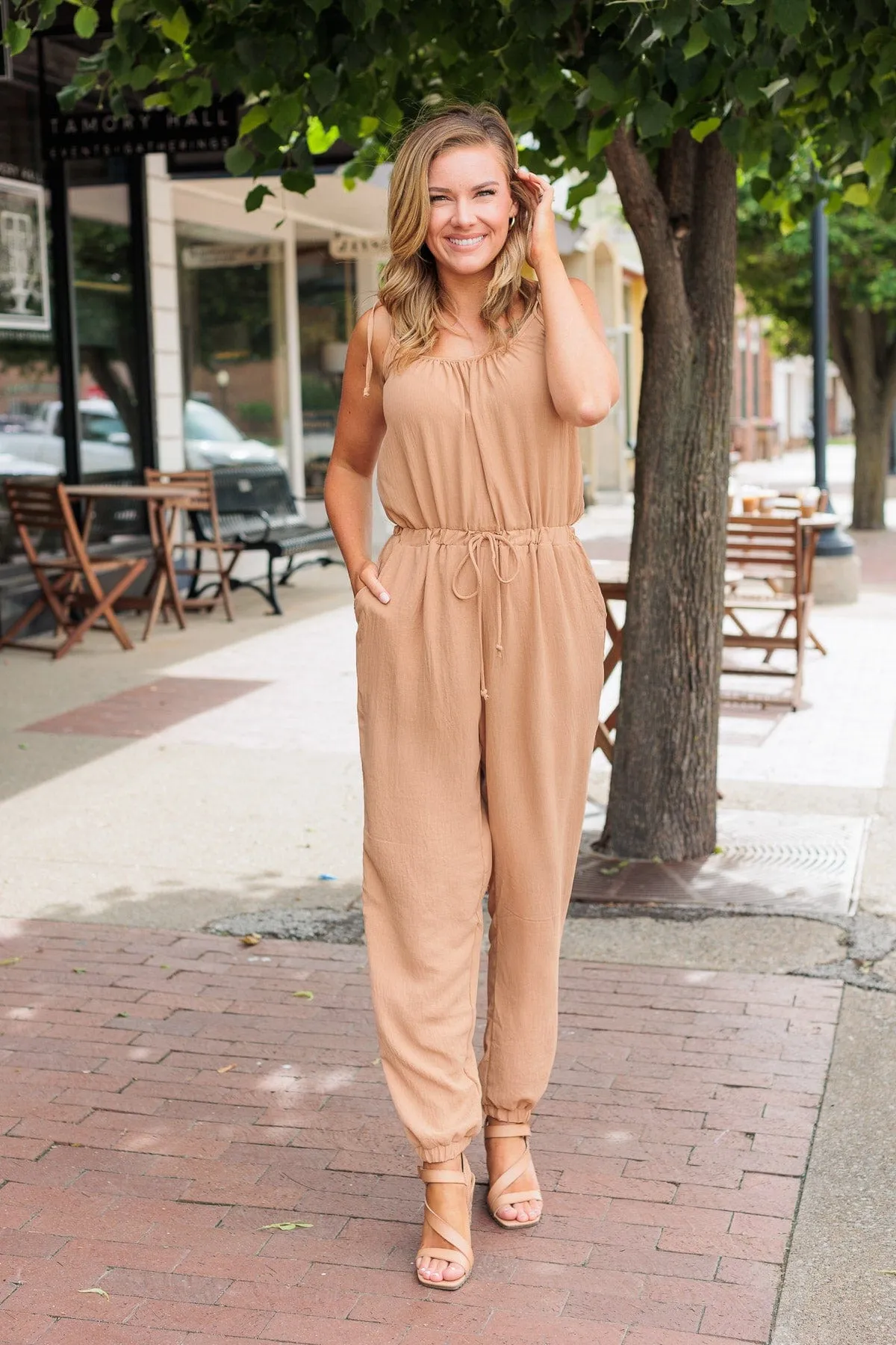 No Small Strides Pocket Jumpsuit- Khaki