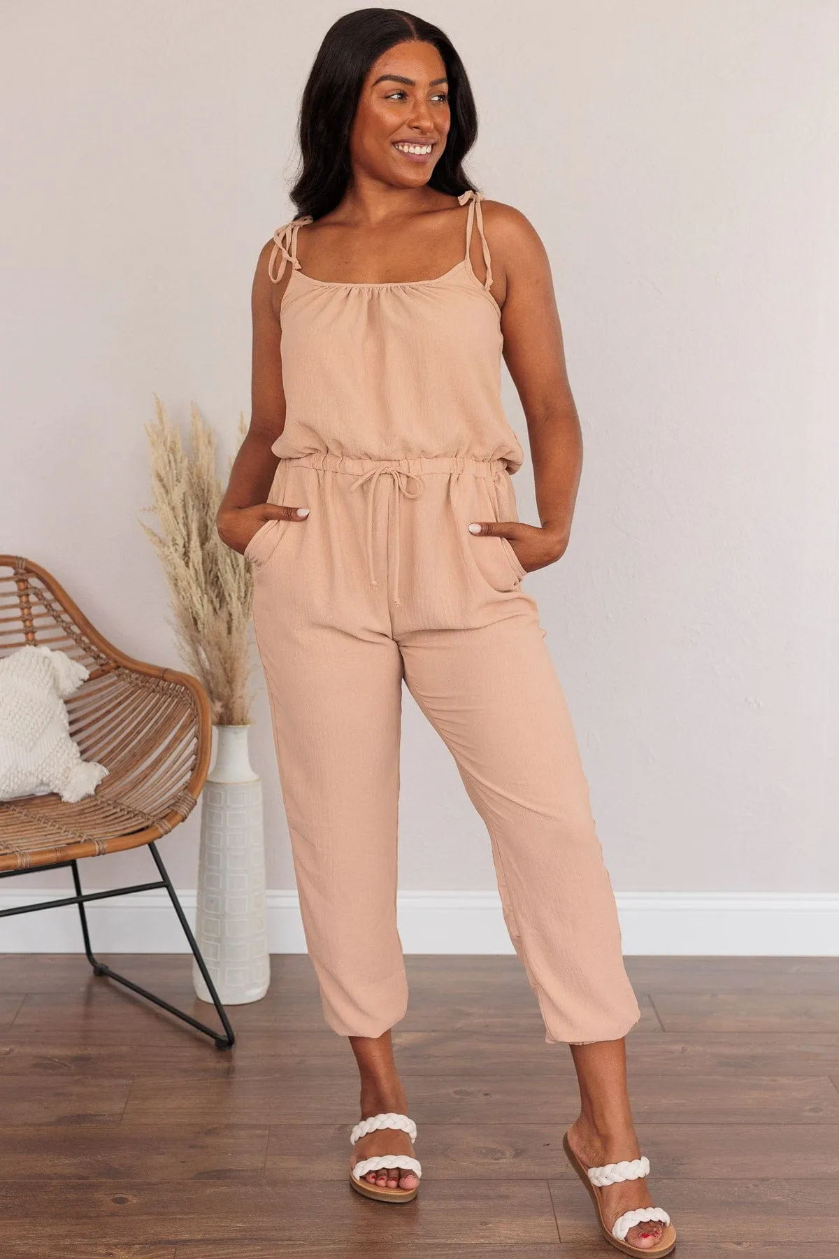 No Small Strides Pocket Jumpsuit- Khaki