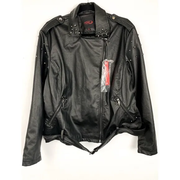 NWT Yoki Outerwear Studded Emo Goth Belted Faux Leather Jacket, Black - Size 1X