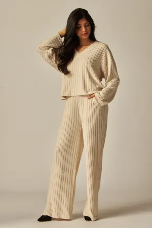 Oatmeal Ribbed Knit V Neck Sweater & Lounge Pants 2/14/25 9617