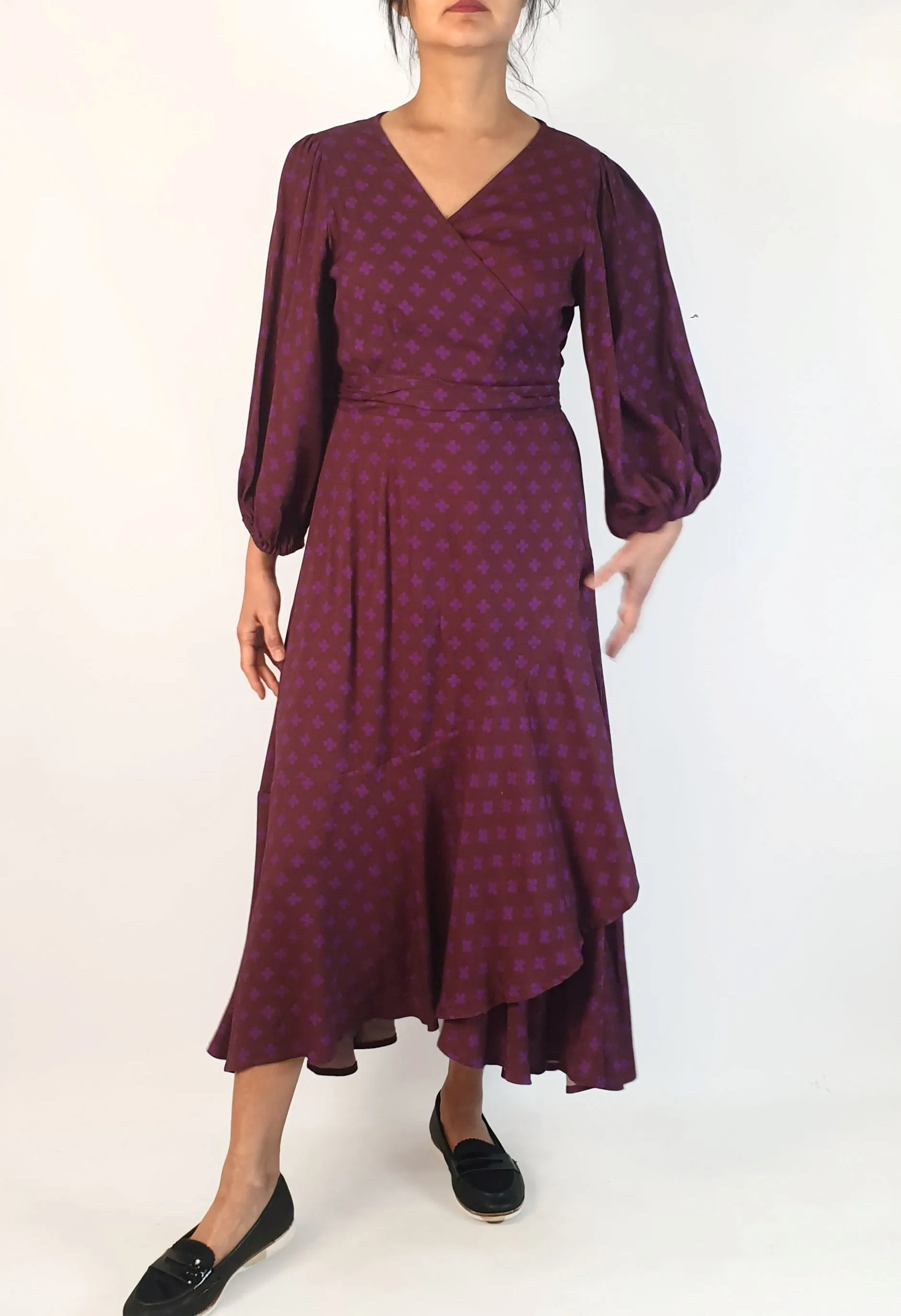 Obus brown wrap dress with purple flower print size 2, best fits 10