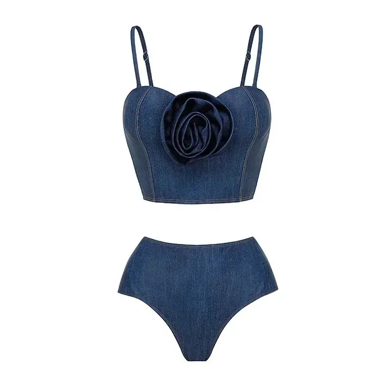 Off Shoulder 3D Flower Denim printed One piece Swimsuit Set
