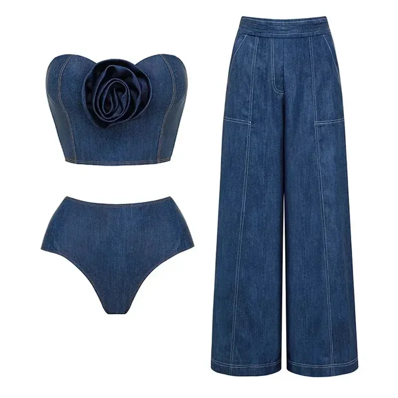 Off Shoulder 3D Flower Denim printed One piece Swimsuit Set