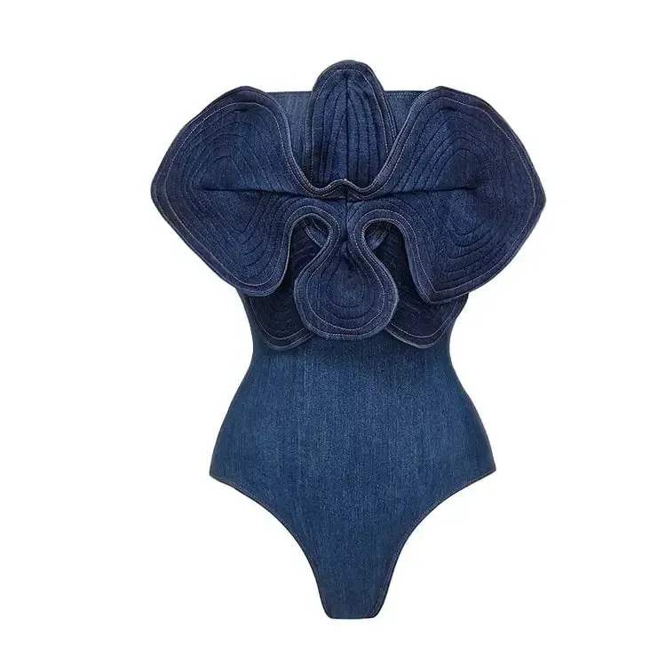 Off Shoulder 3D Flower Denim printed One piece Swimsuit Set