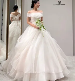 Off Shoulder Organza Custom Made Tiered  Elegant Wedding Dresses