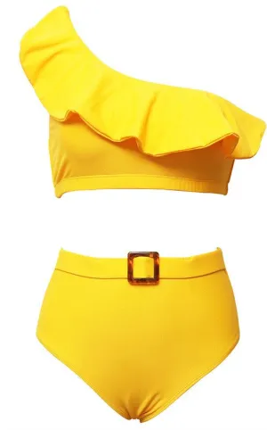 Off Shoulder Ruffled Detailed Buckle Applique 2 Piece Swimsuit - Yellow