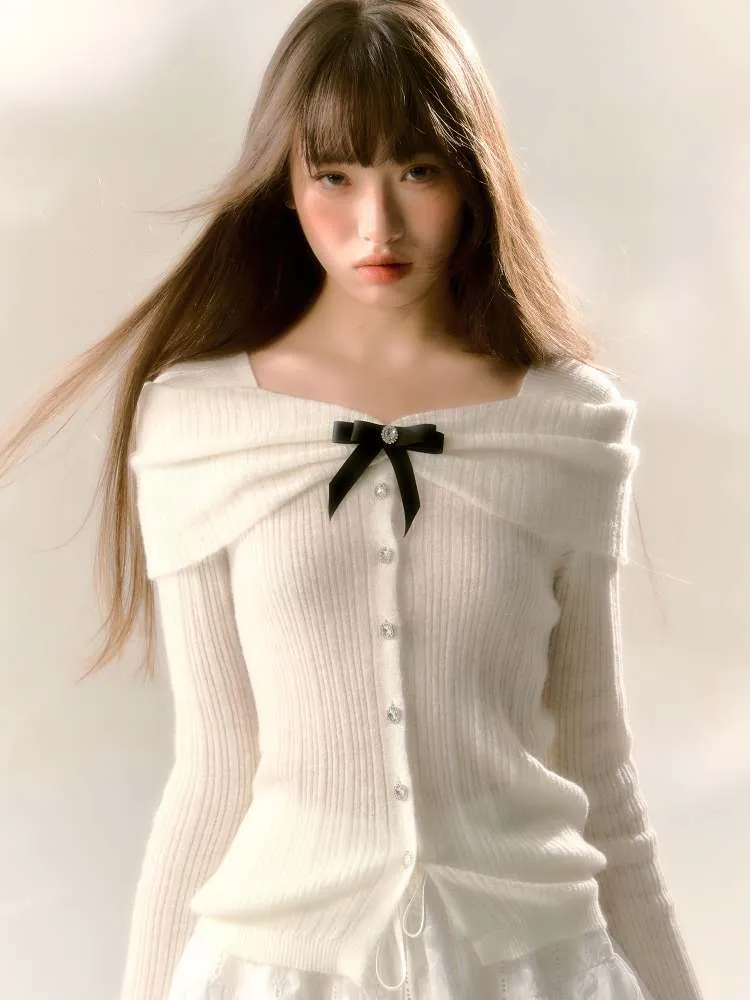 Off Shoulder Style Ribbon Bijou Knit Sew【s0000007366】