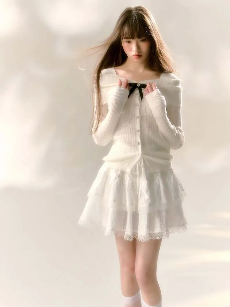 Off Shoulder Style Ribbon Bijou Knit Sew【s0000007366】