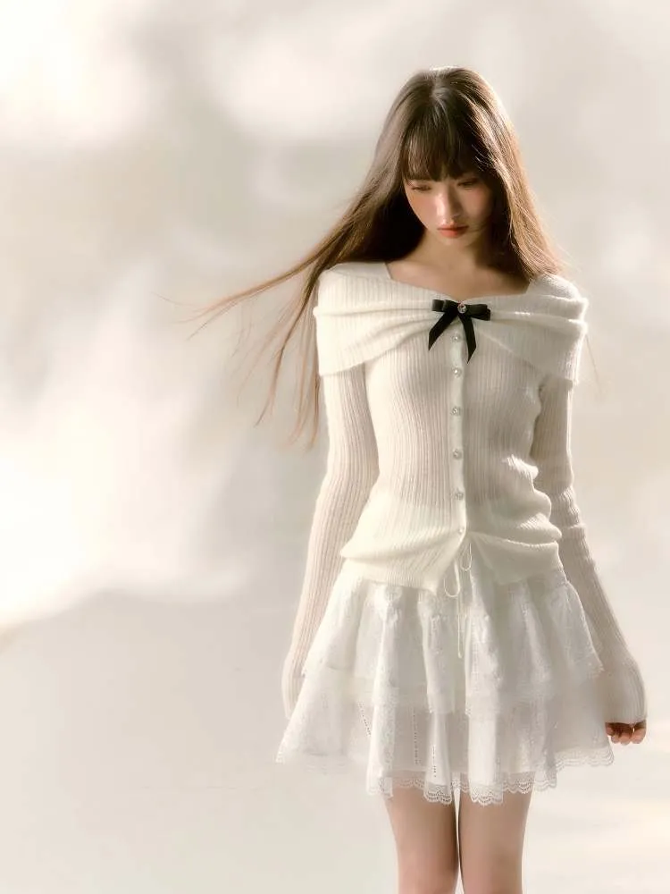 Off Shoulder Style Ribbon Bijou Knit Sew【s0000007366】