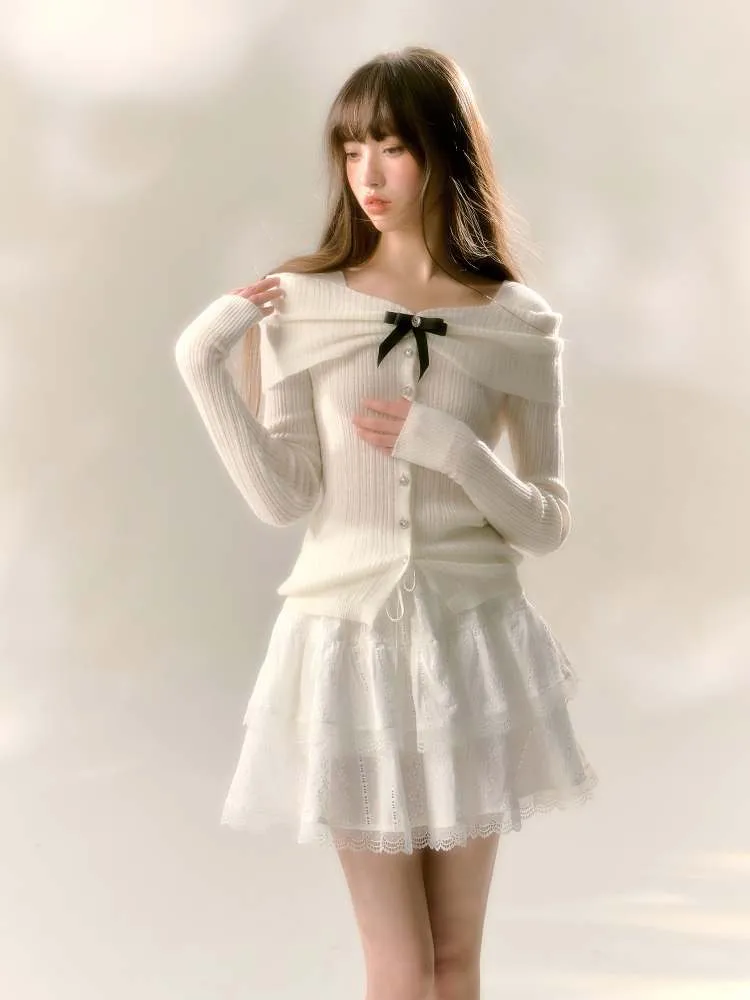Off Shoulder Style Ribbon Bijou Knit Sew【s0000007366】