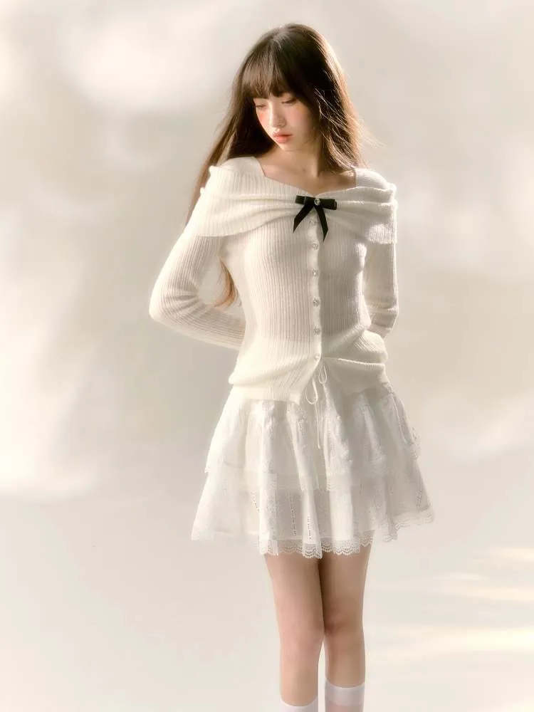 Off Shoulder Style Ribbon Bijou Knit Sew【s0000007366】