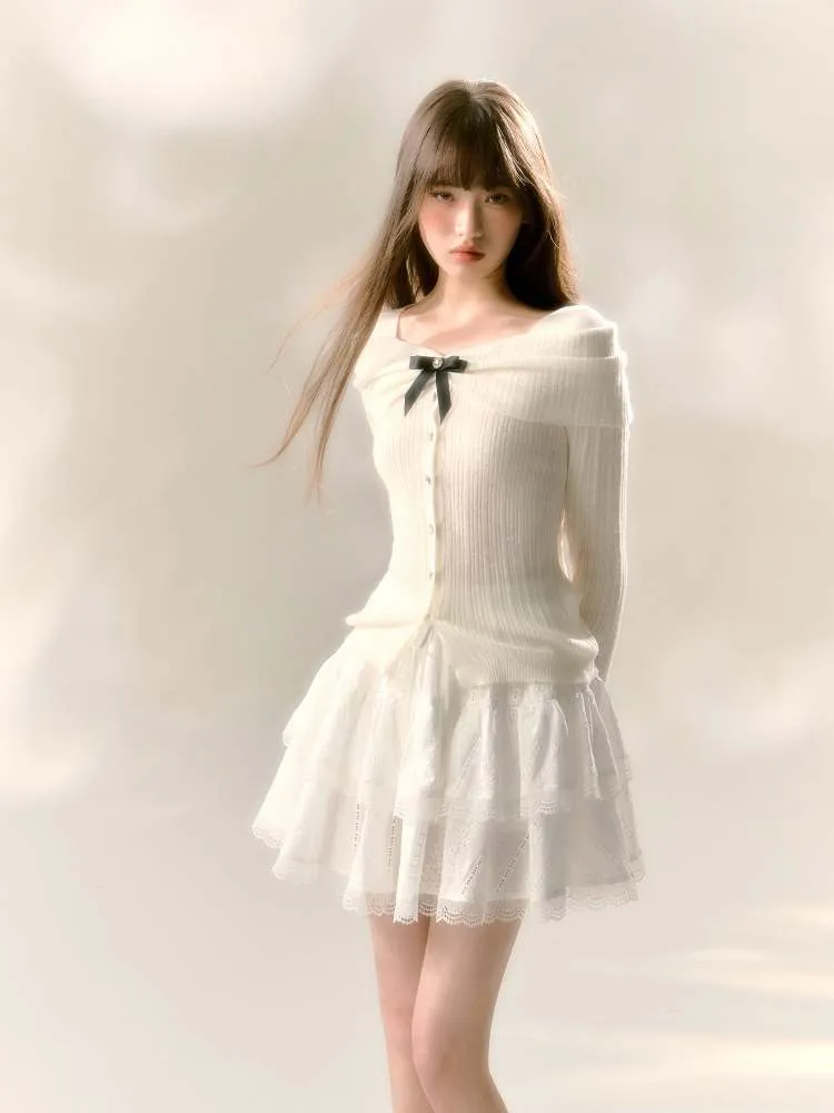 Off Shoulder Style Ribbon Bijou Knit Sew【s0000007366】