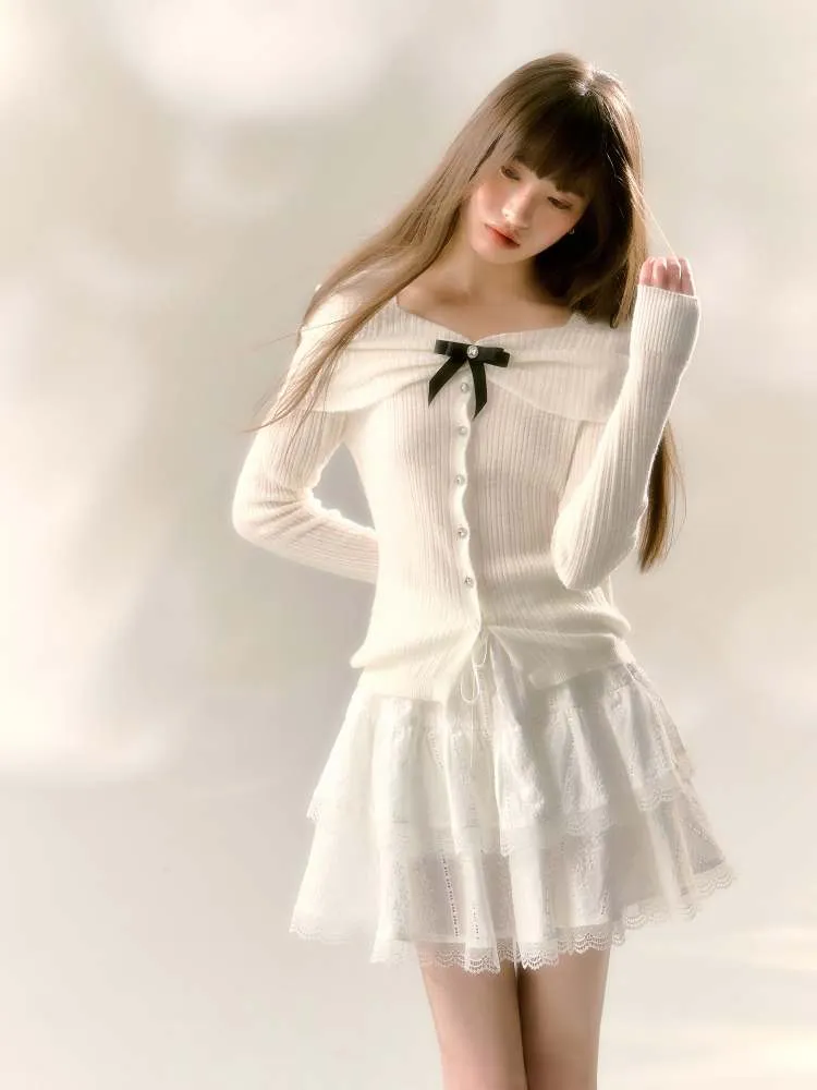 Off Shoulder Style Ribbon Bijou Knit Sew【s0000007366】
