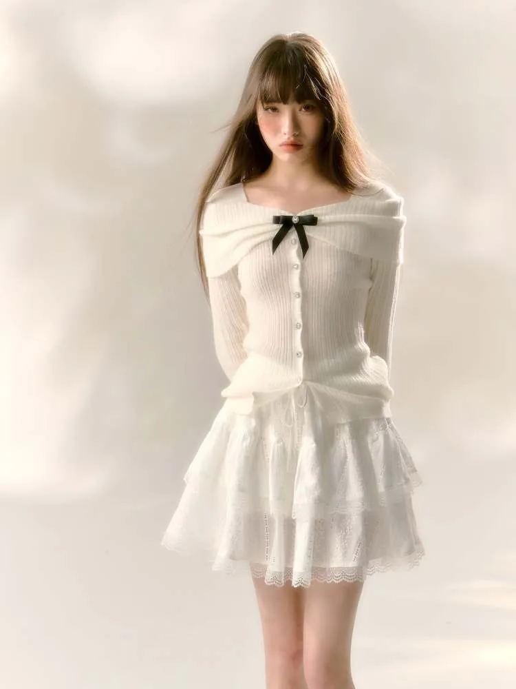 Off Shoulder Style Ribbon Bijou Knit Sew【s0000007366】