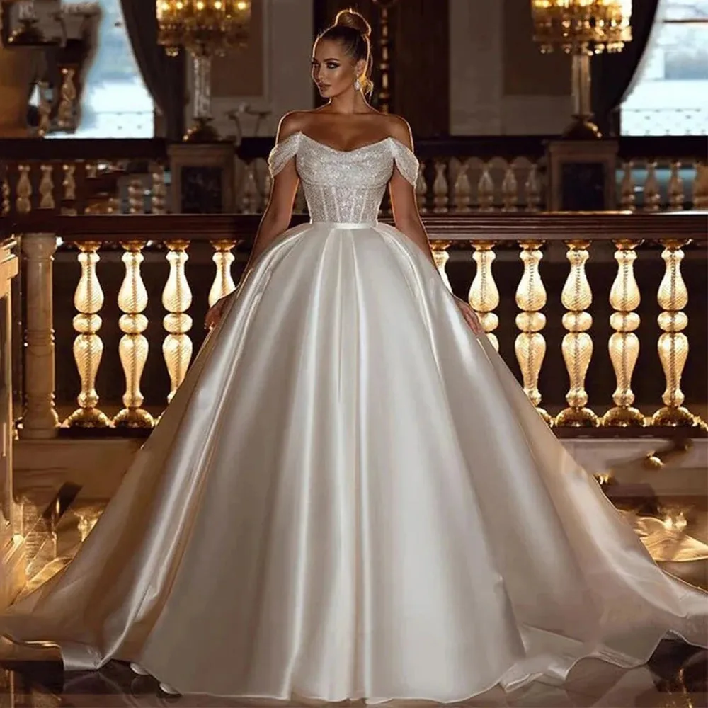 Off the Shoulder Wedding Dresses Sequins Beads Princess Women's Bride Gowns