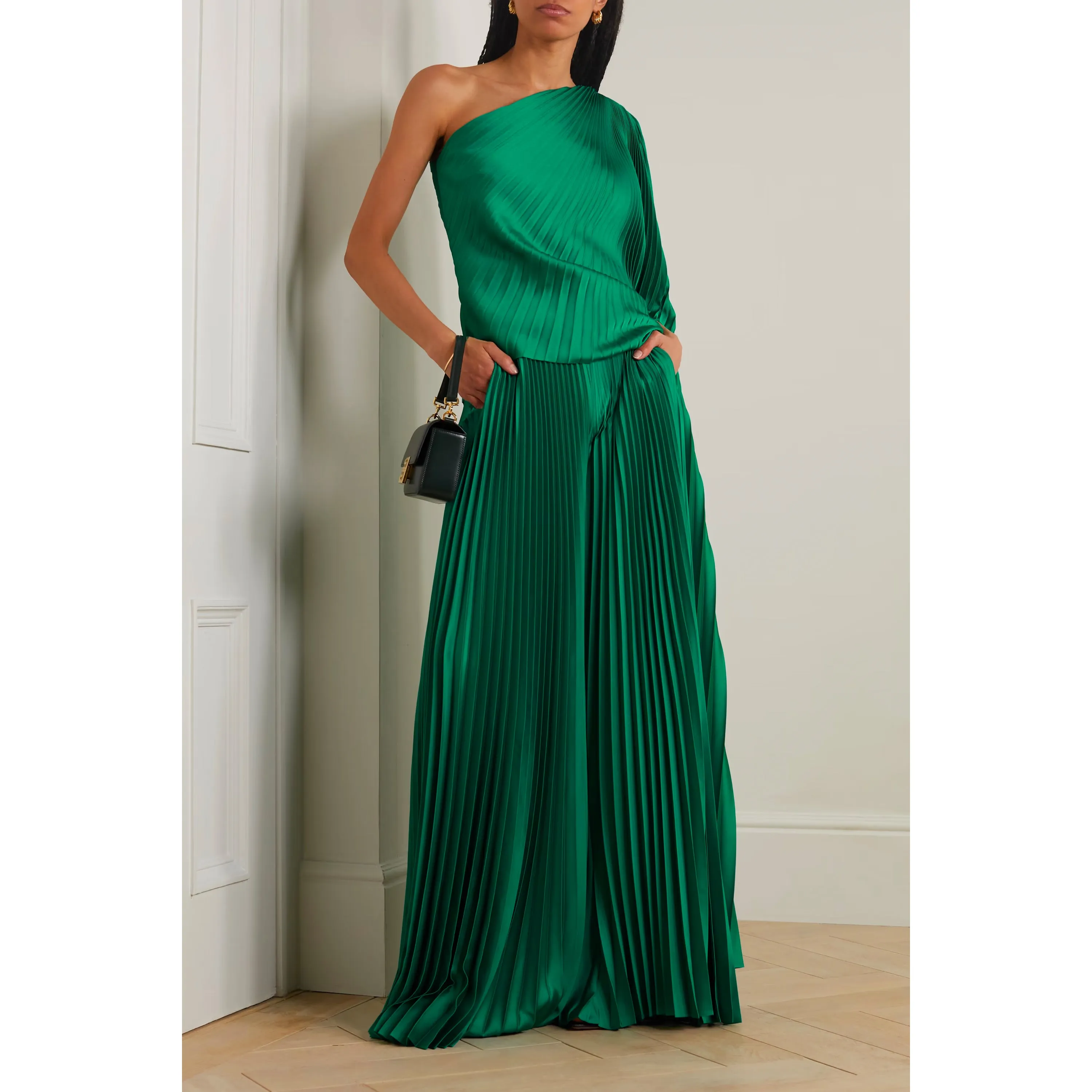 One-shoulder asymmetric plissé-satin top