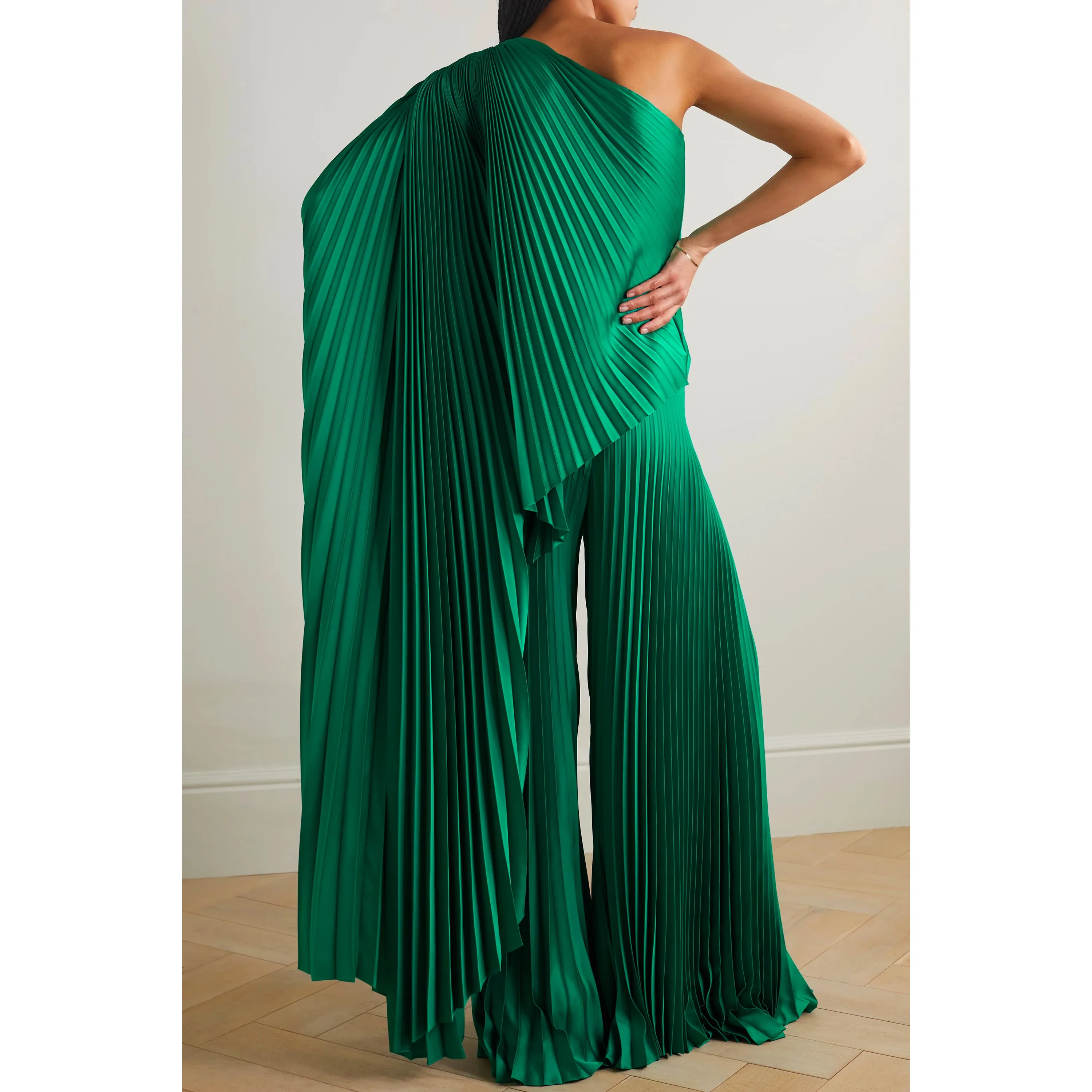 One-shoulder asymmetric plissé-satin top
