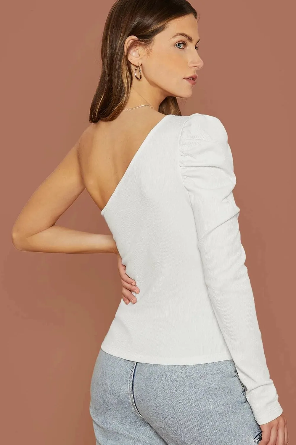 One Shoulder Puff Top White