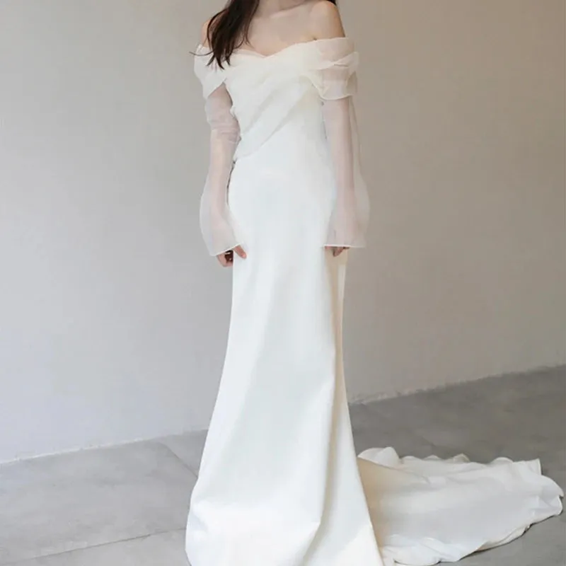 One Shoulder Satin Light Wedding Dress with Simple and Slim Fit Sweet