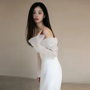One Shoulder Satin Light Wedding Dress with Simple and Slim Fit Sweet