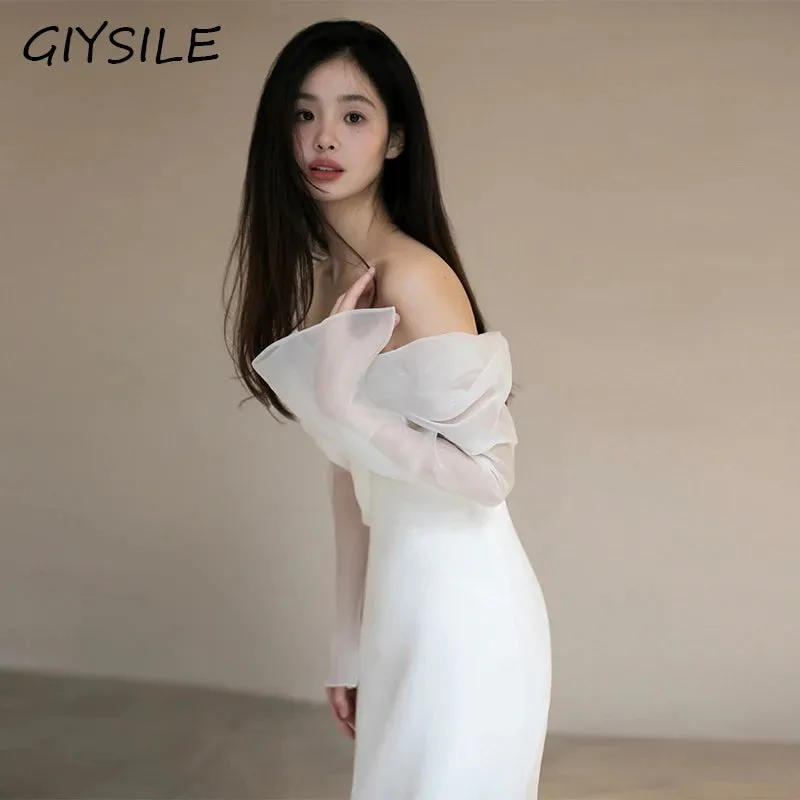 One Shoulder Satin Light Wedding Dress with Simple and Slim Fit Sweet