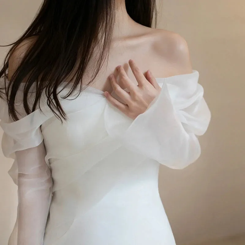 One Shoulder Satin Light Wedding Dress with Simple and Slim Fit Sweet