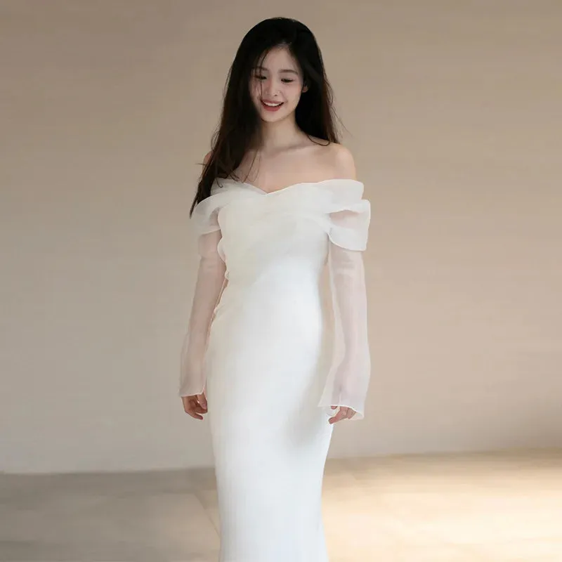 One Shoulder Satin Light Wedding Dress with Simple and Slim Fit Sweet