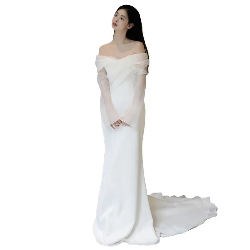 One Shoulder Satin Light Wedding Dress with Simple and Slim Fit Sweet