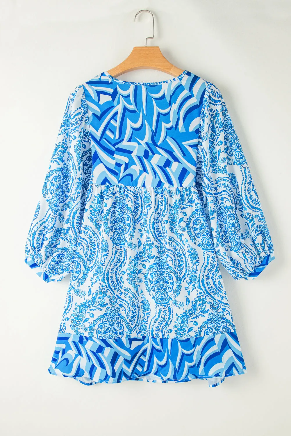 Orange Bohemian Print Lantern Sleeve V Neck Flared Mini Dress