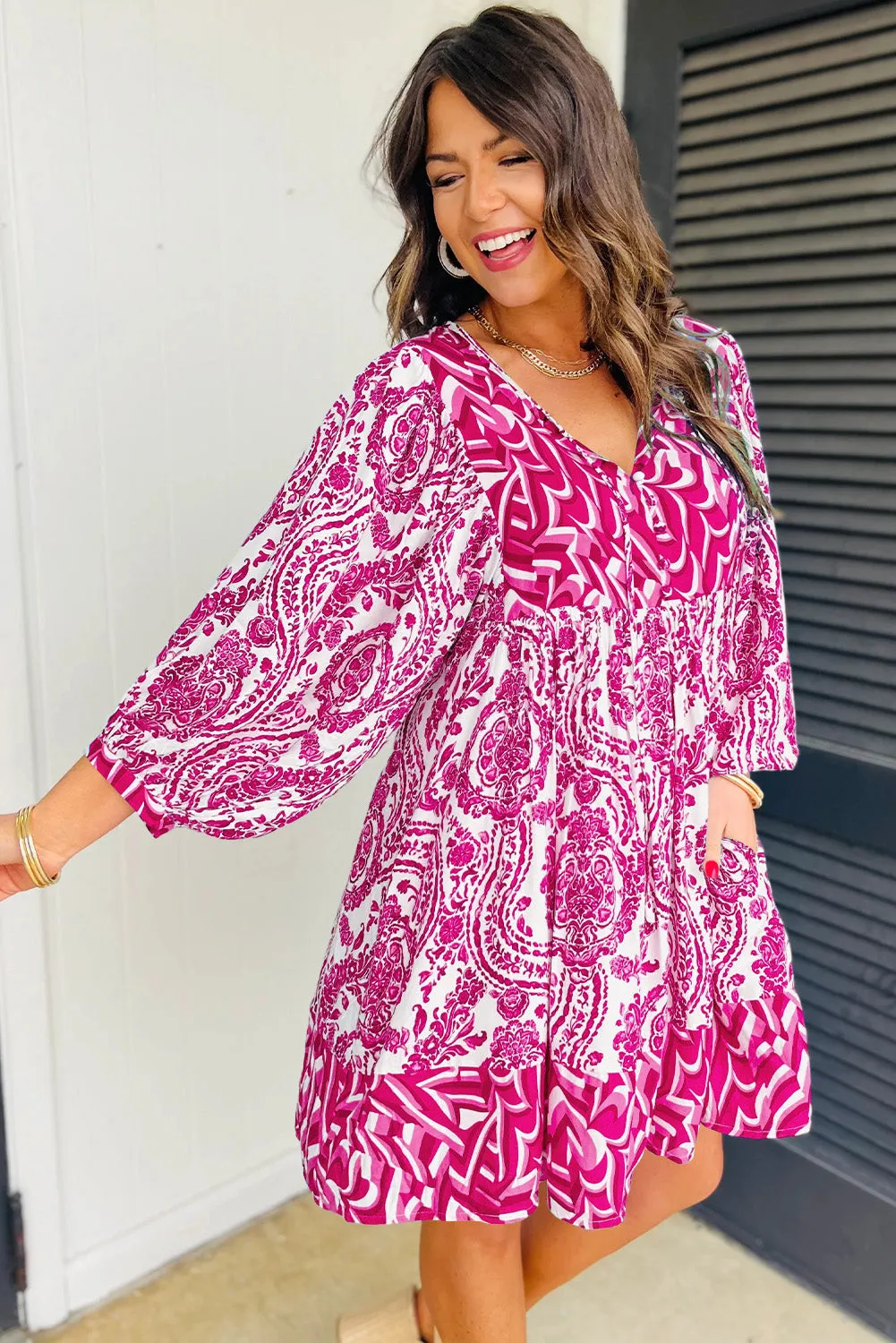 Orange Bohemian Print Lantern Sleeve V Neck Flared Mini Dress