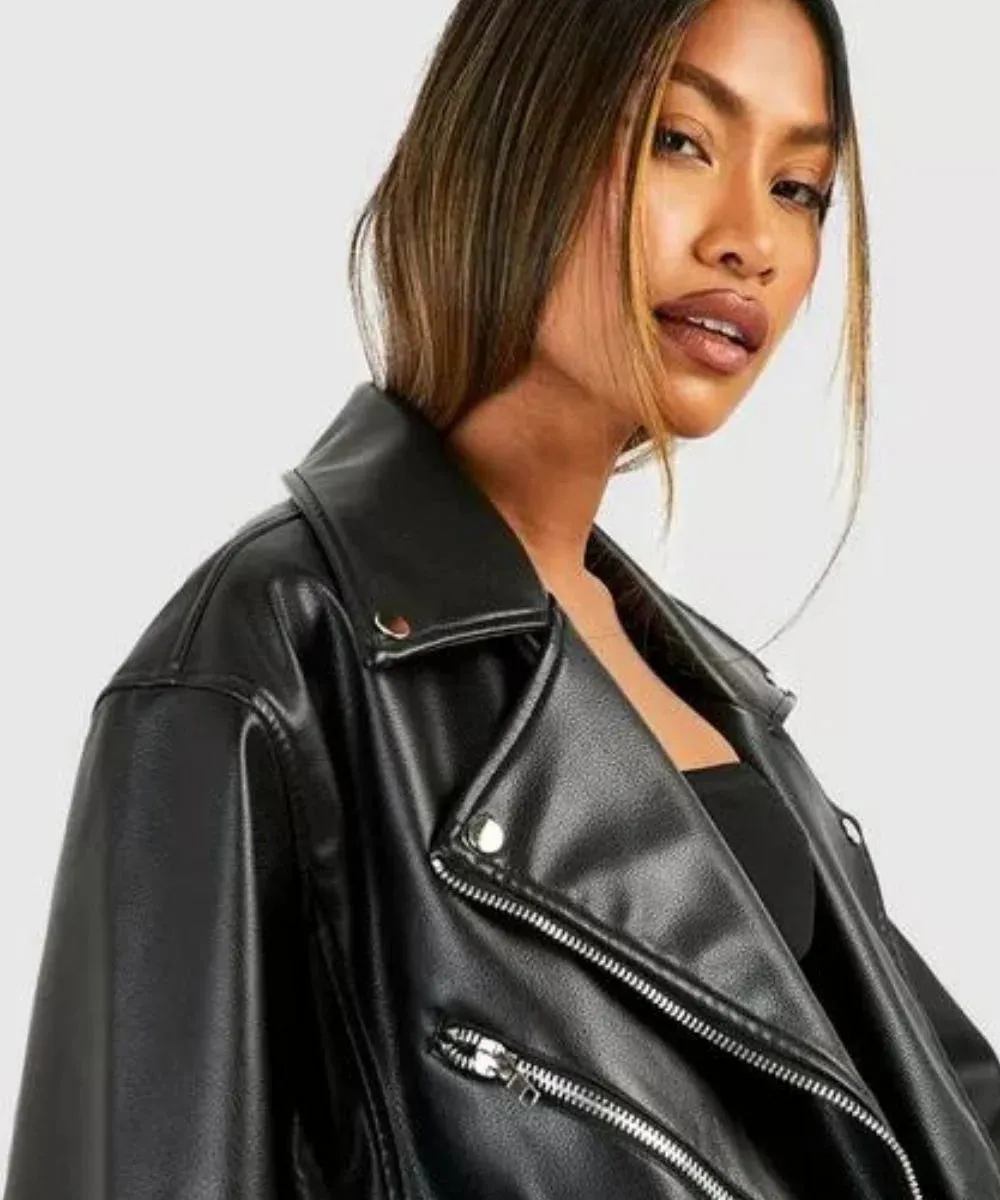 Oversized Belted Biker Leather Jacket