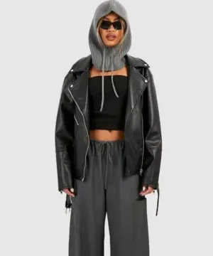 Oversized Belted Biker Leather Jacket