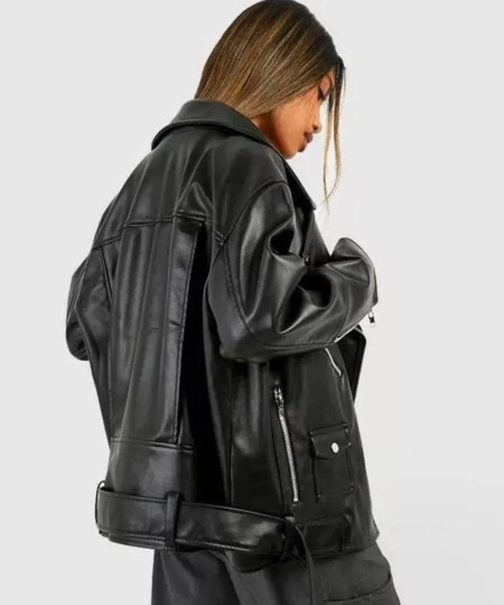 Oversized Belted Biker Leather Jacket