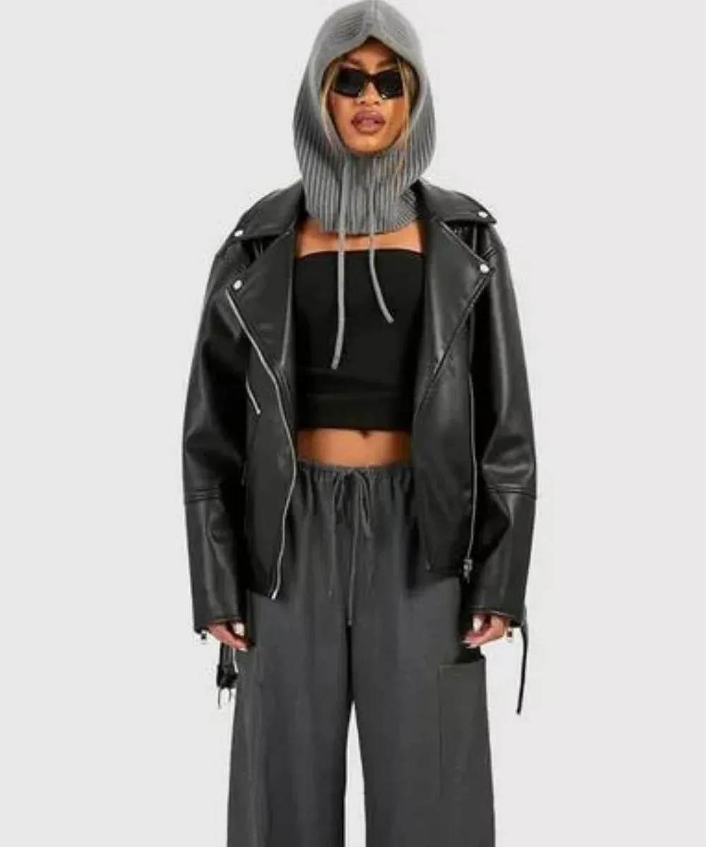 Oversized Belted Biker Leather Jacket