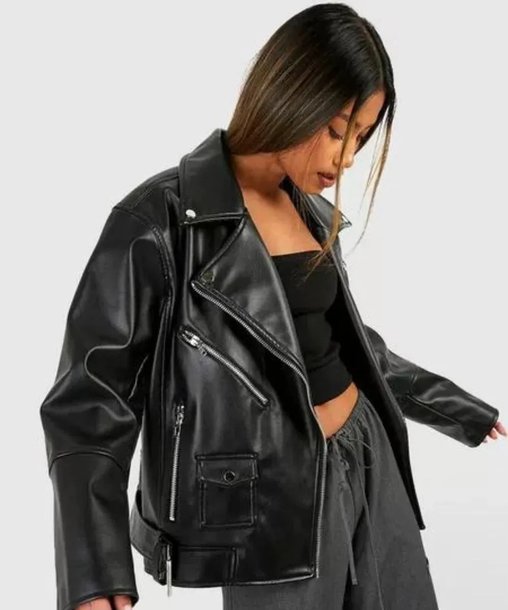 Oversized Belted Biker Leather Jacket