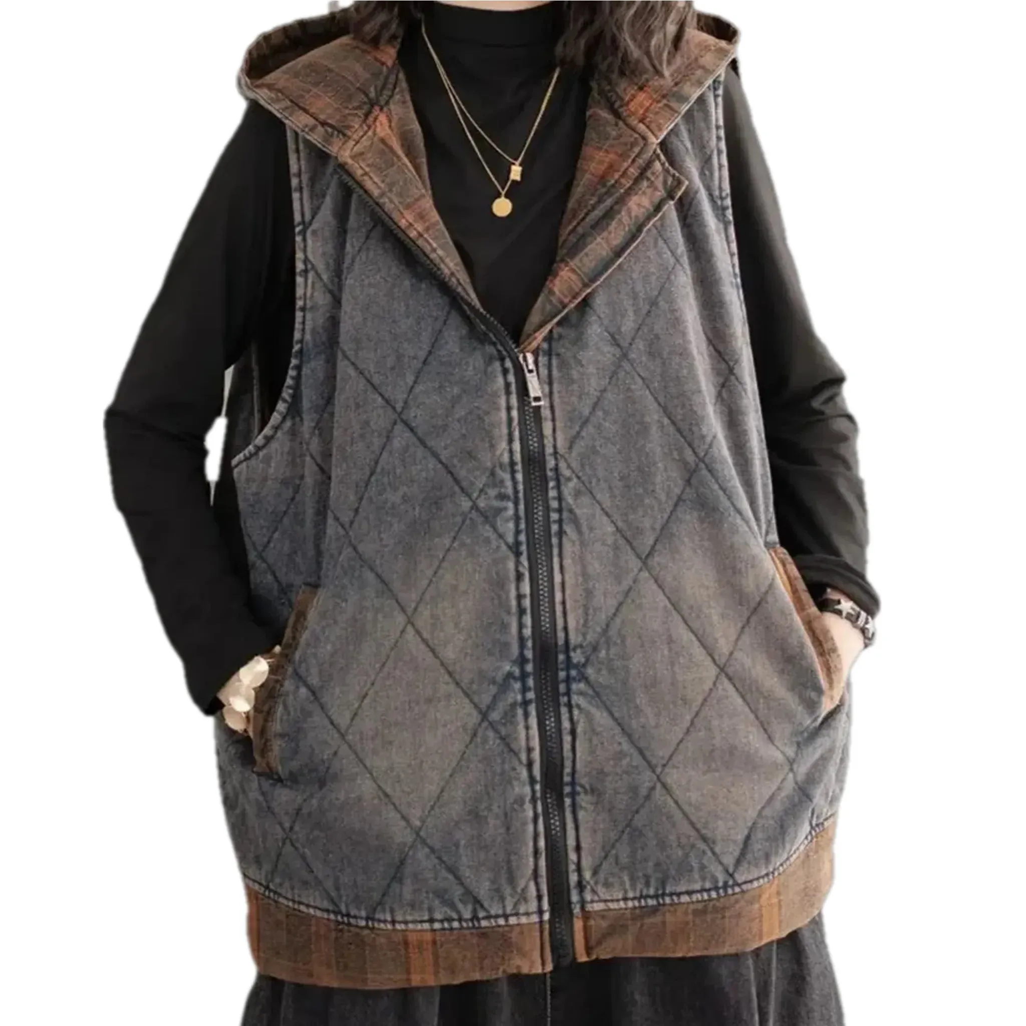 Oversized quilted jean vest for ladies