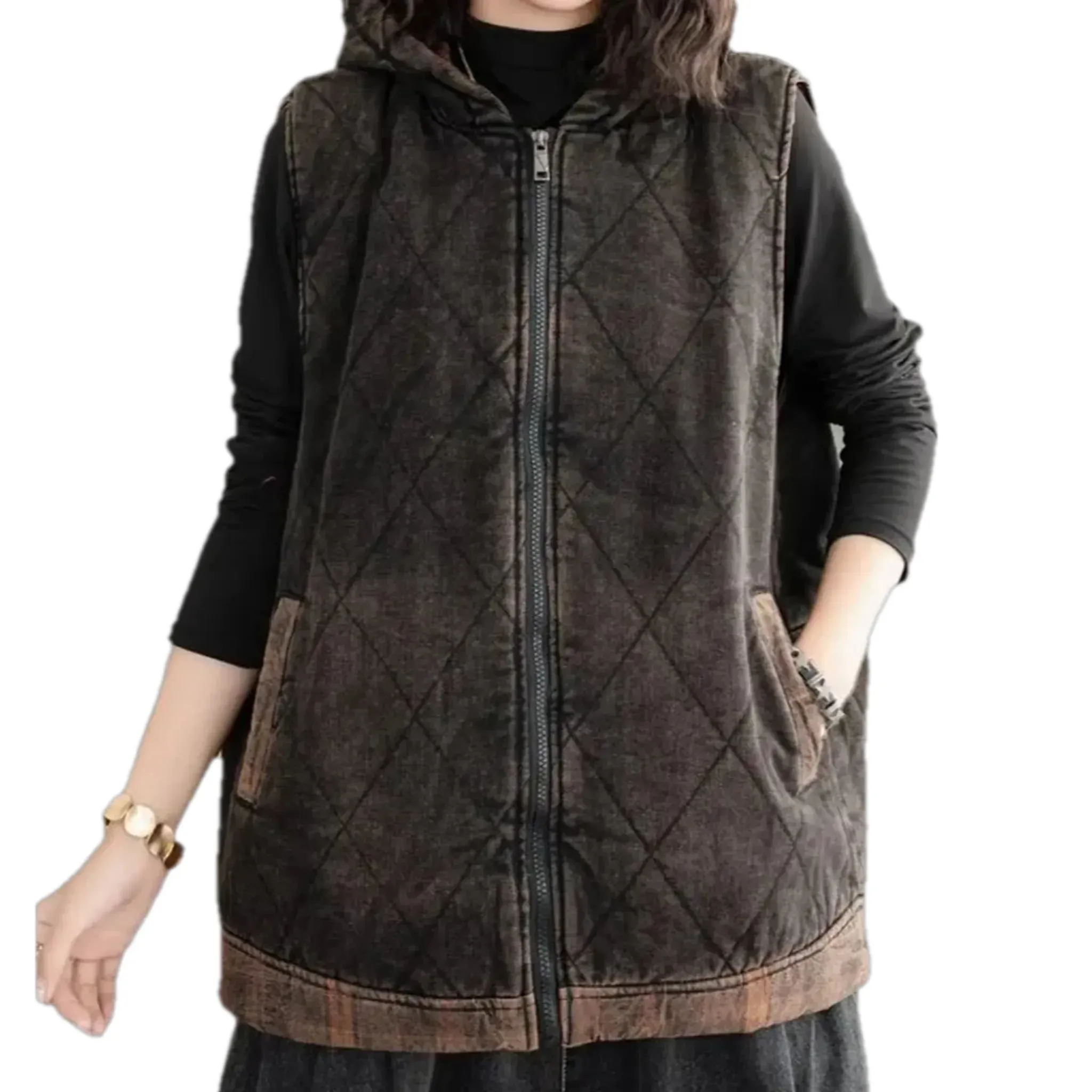 Oversized quilted jean vest for ladies