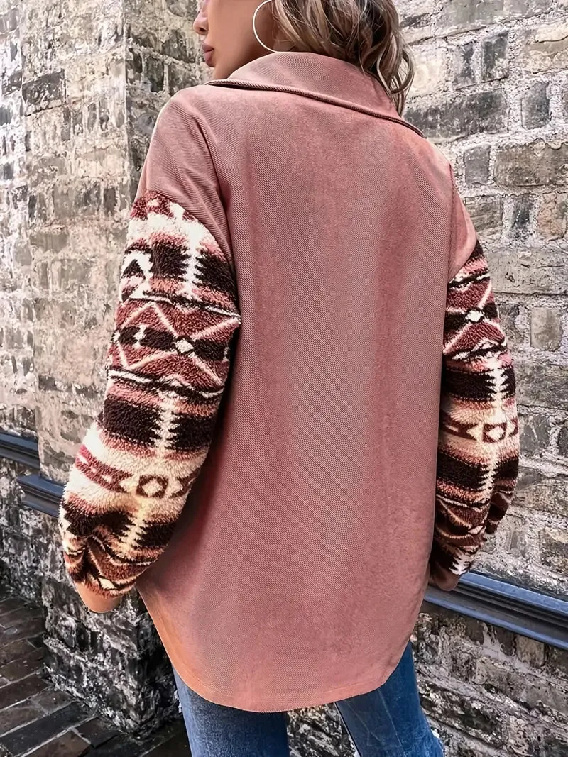 Peach Aztec Pattern Teddy Jacket