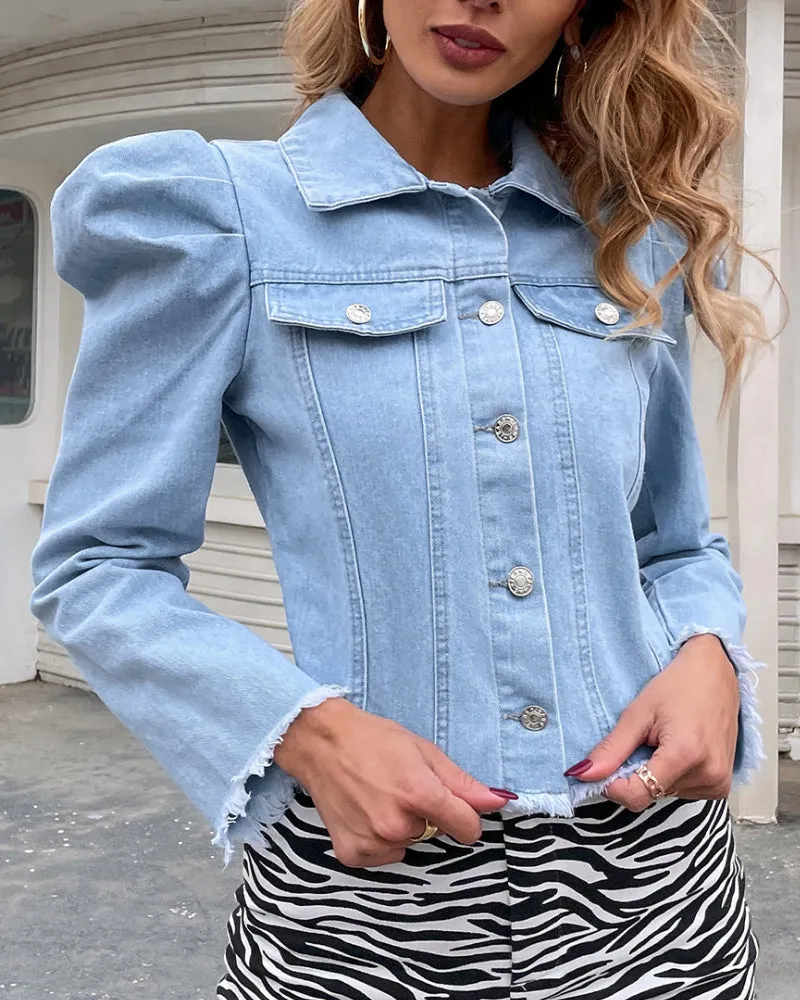 Pile Collar Single-breasted Puff Sleeve Tassel Denim Outerwear Cardigans
