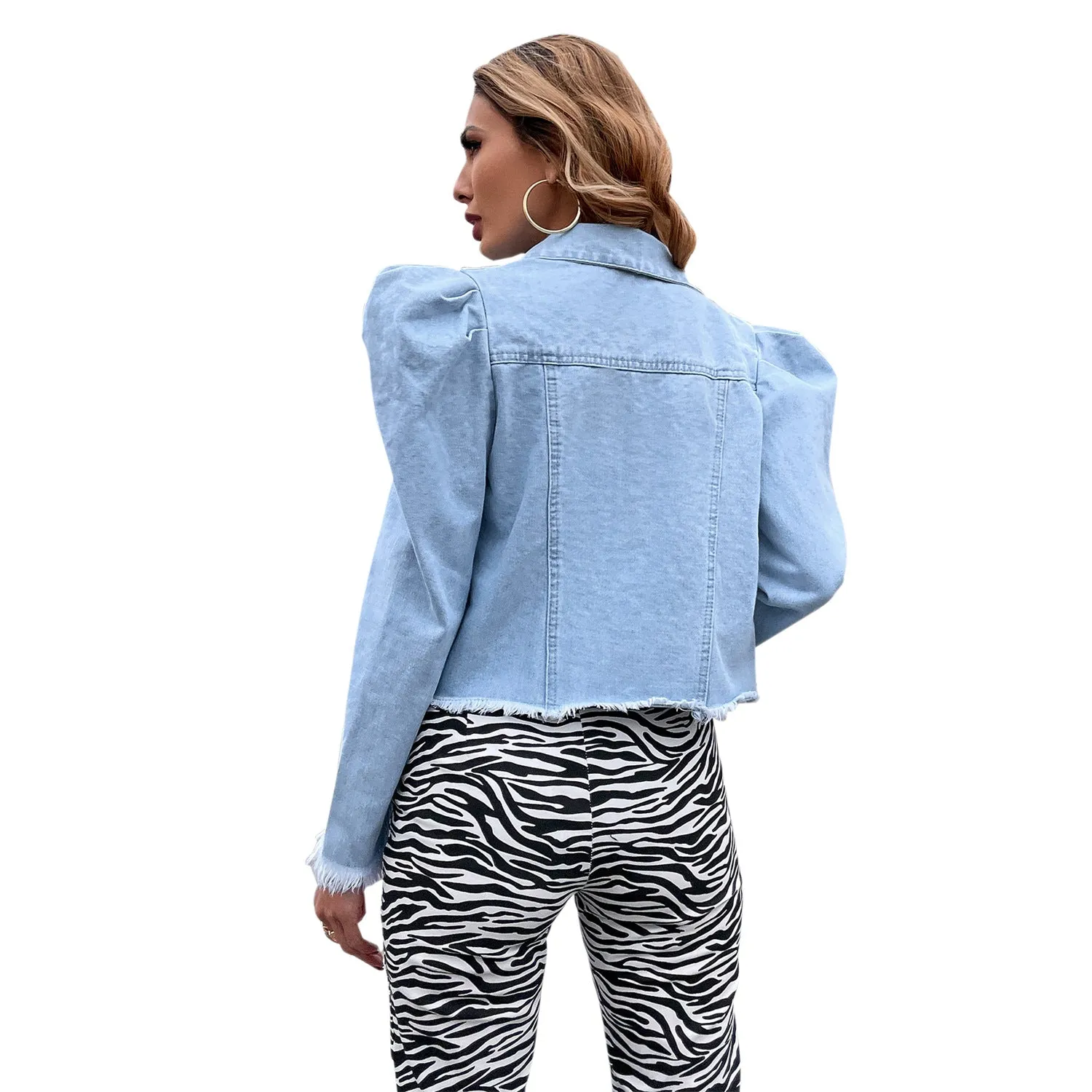 Pile Collar Single-breasted Puff Sleeve Tassel Denim Outerwear Cardigans
