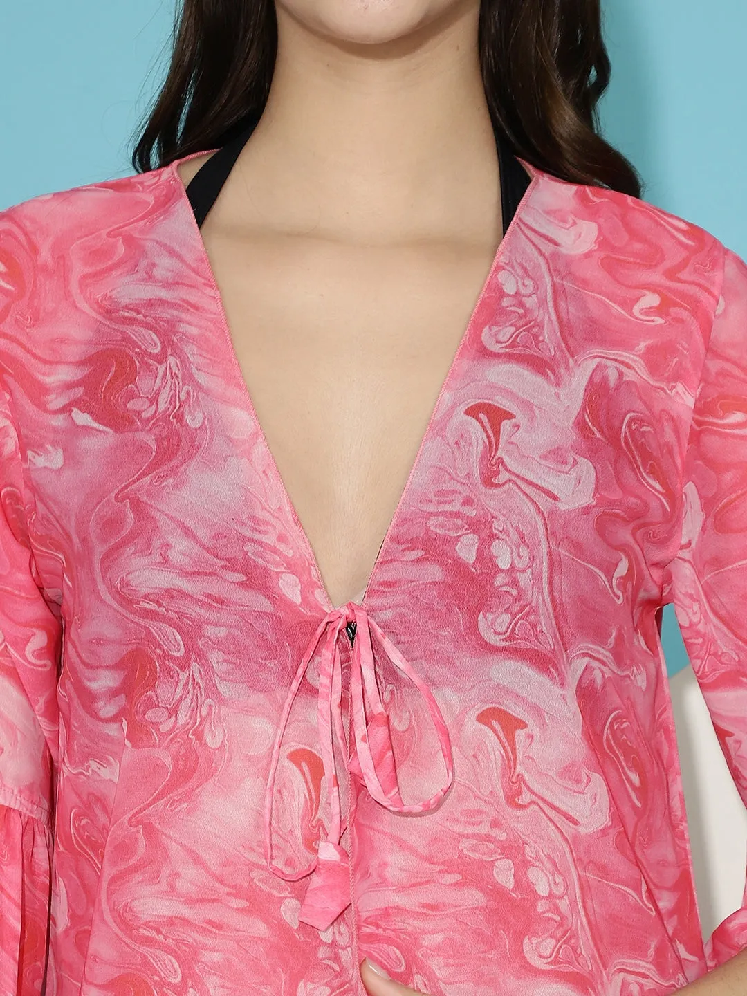 Pink Floral Printed Georgette Swimwear Cover Up Top