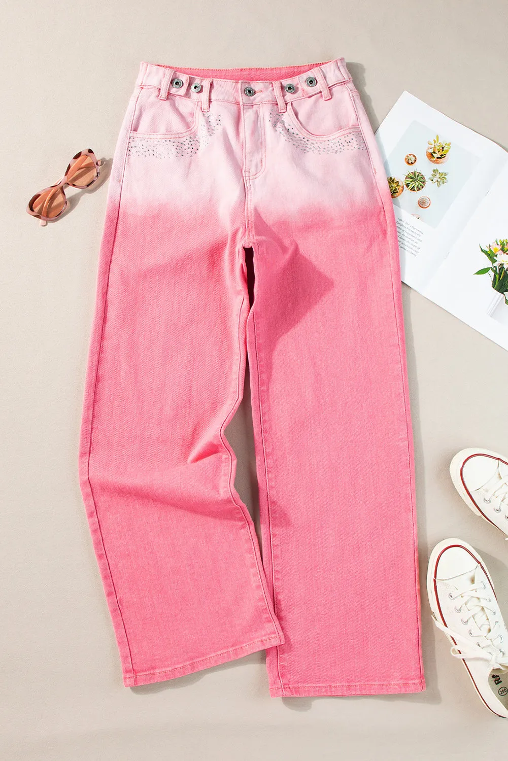 Pink Scattering Rhinestone Gradient Denim Pants