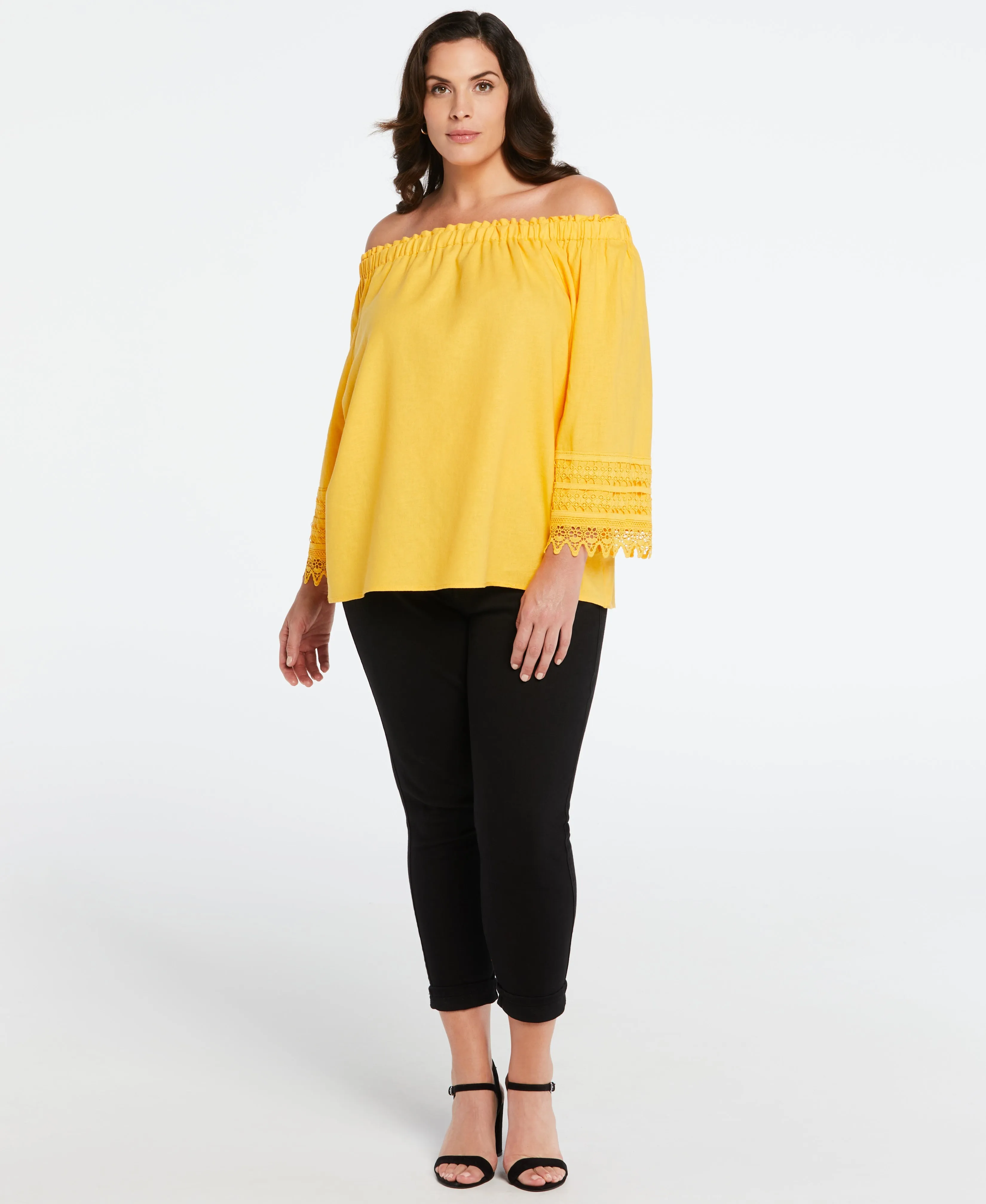 Plus Size Linen Blend Peasant Top with Lace Sleeve