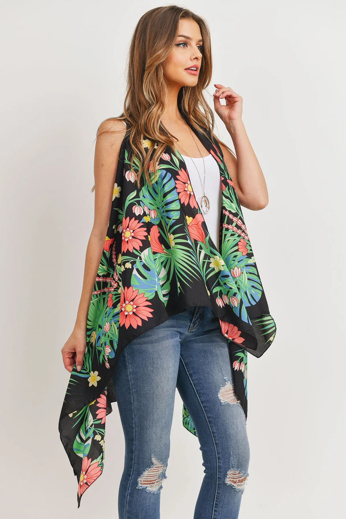 PN328X021G - BLACK OPEN FRONT FLORAL PRINT KIMONO VEST