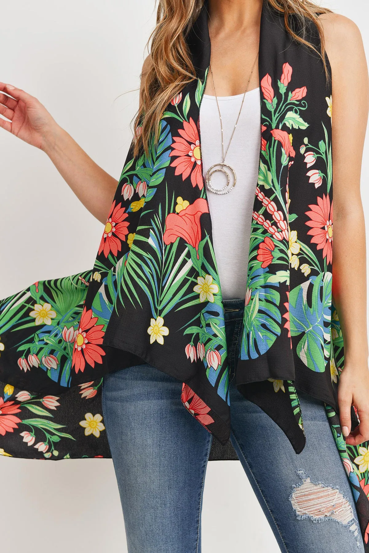 PN328X021G - BLACK OPEN FRONT FLORAL PRINT KIMONO VEST