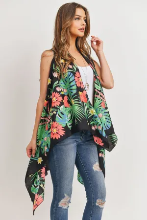 PN328X021G - BLACK OPEN FRONT FLORAL PRINT KIMONO VEST