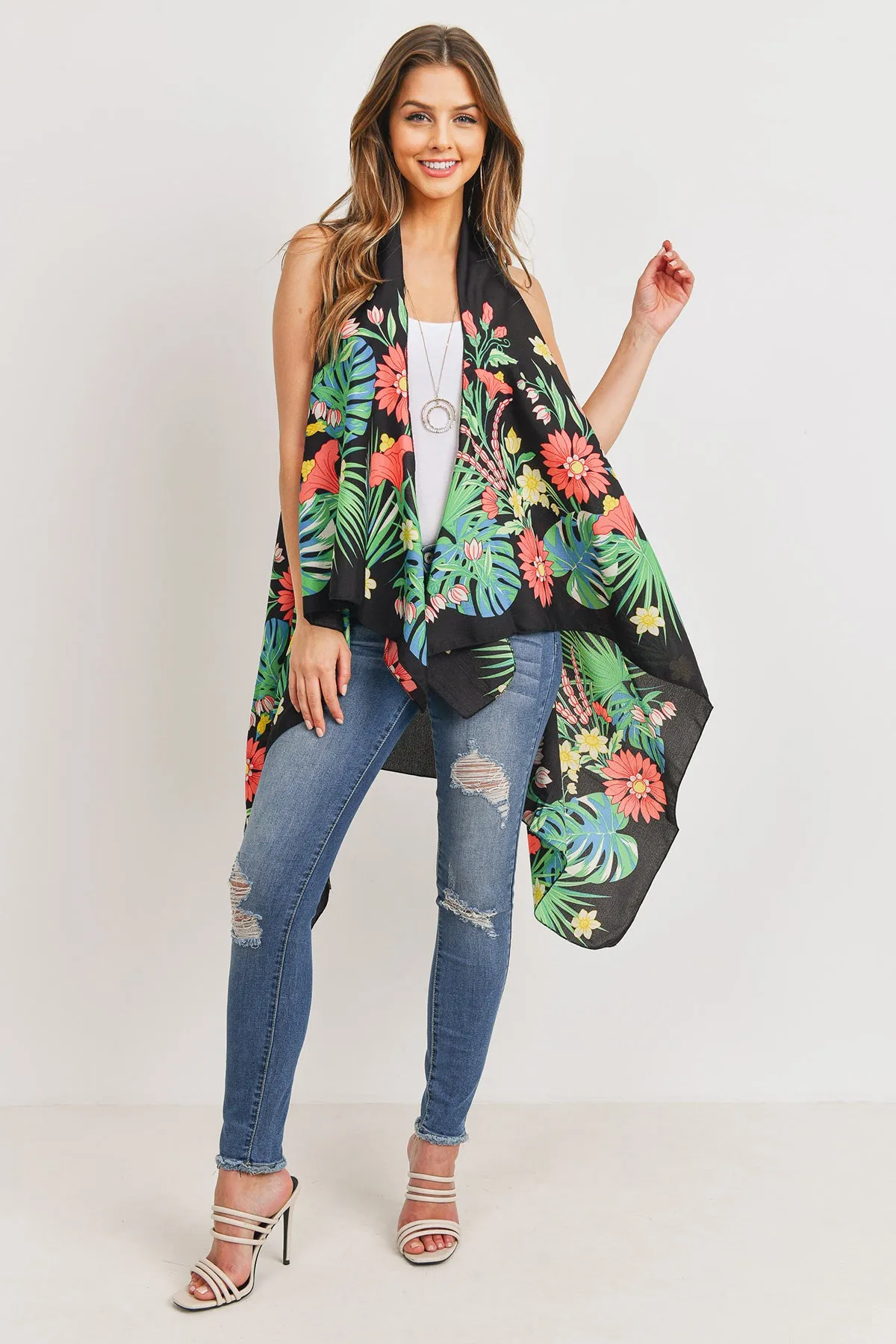 PN328X021G - BLACK OPEN FRONT FLORAL PRINT KIMONO VEST