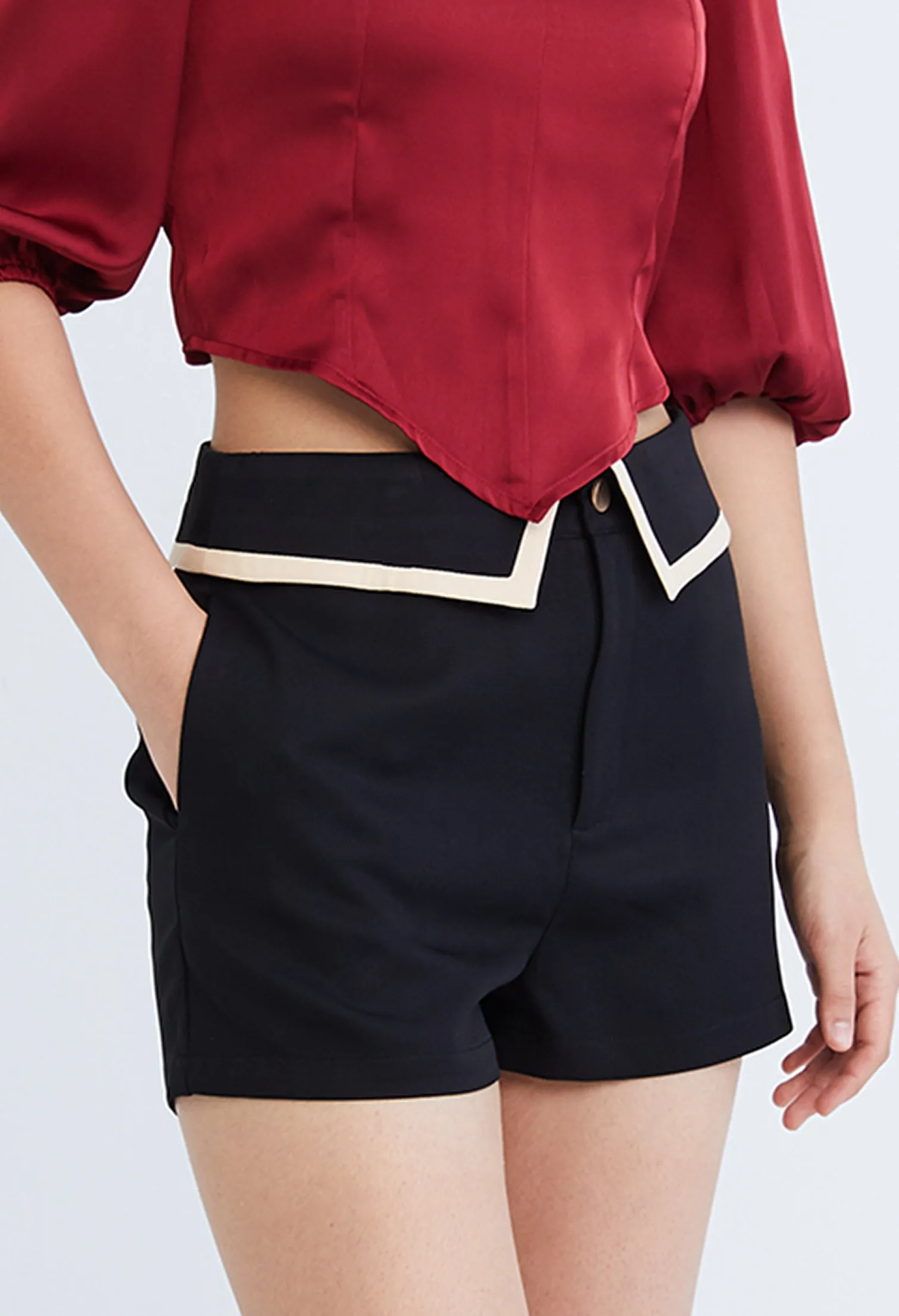 Preppy Princess Foldover Contrast Seam Shorts