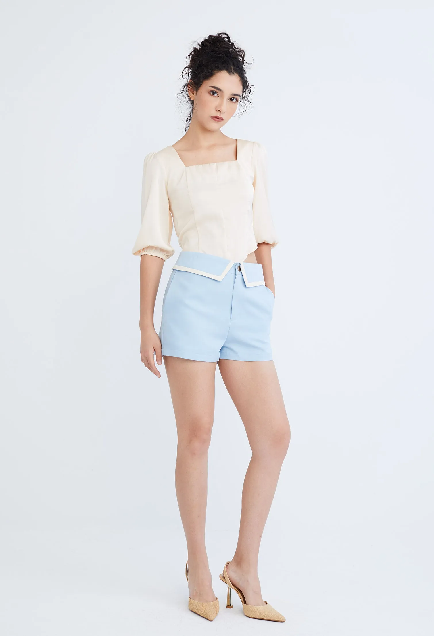 Preppy Princess Foldover Contrast Seam Shorts